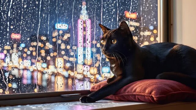 A sleek black cat sits attentively on a windowsill cushion, gazing out at a rain-streaked cityscape illuminated by vibrant, blurred lights.