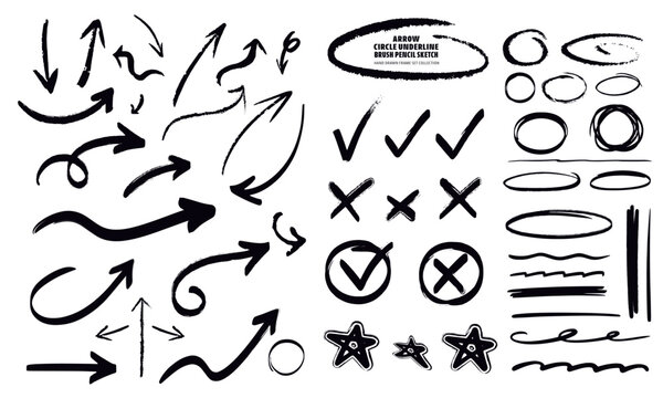 Arrow, circle, underline marker hand pen set. Arrow line marker hand drawn black frame set, brush pencil sketch.Doodle check, cross, star oval round icon sign symbol texture rough.Stock-Vector Element
