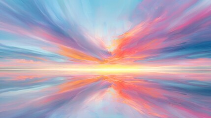 Obraz premium A vibrant sunset paints the sky with hues of pink, orange, and yellow, reflected in a calm body of water below.
