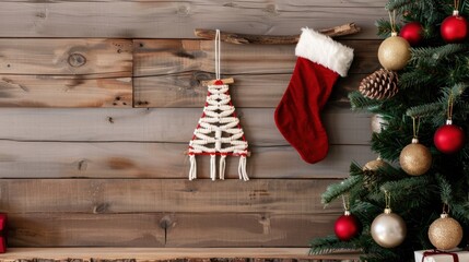 Obraz premium Cozy Holiday Decor with Handmade Christmas Tree and Stocking on Rustic Wooden Background