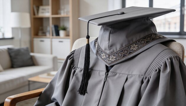 Grey graduation gown and mortarboard cap with black tassel on a chair. Academic regalia for commencement ceremony in a home setting.