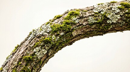 Fototapeta premium A tree branch covered in moss and lichen against a bright sky