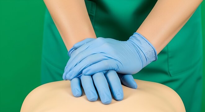 Medical professional performing cpr chest compressions wearing blue protective