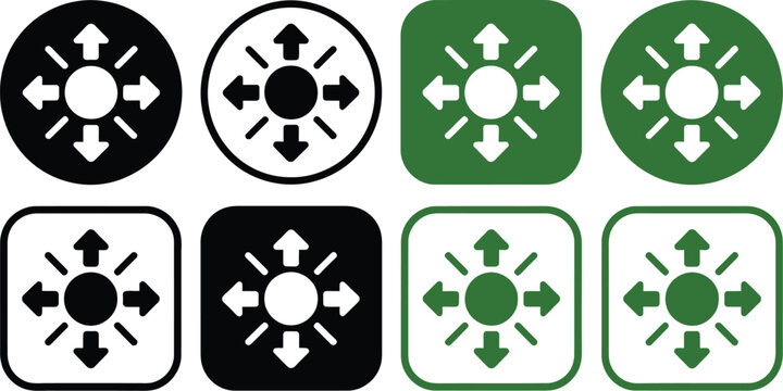 Directional arrow control icon collection, vector set of circular and square button styles for navigation interfaces movement indicators game controls and user experience design.