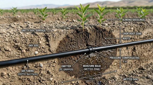 Subsurface drip irrigation system for almond seedlings in agricultural field