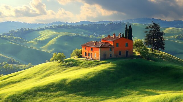 Rustic house on hillside landscape