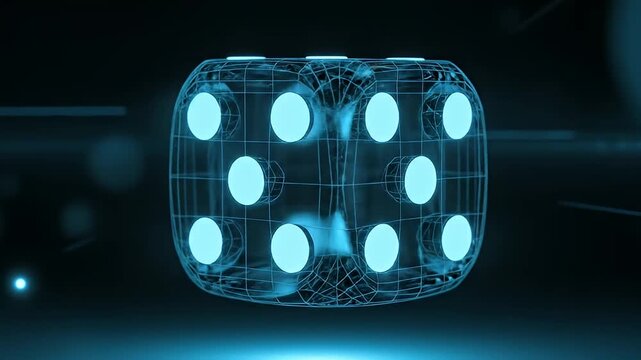 Digital wireframe dice with glowing dots in abstract blue space