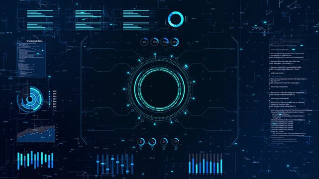 High tech interface screen circular HUD display, charts, graphs analytics panels background. data monitoring system visualization for technology presentations dashboards cybersecurity innovation media