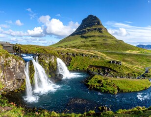 Obraz premium Scenic vista of cascading waterfalls, flowing into a river, with a conical mountain under a blue sky with fluffy clouds