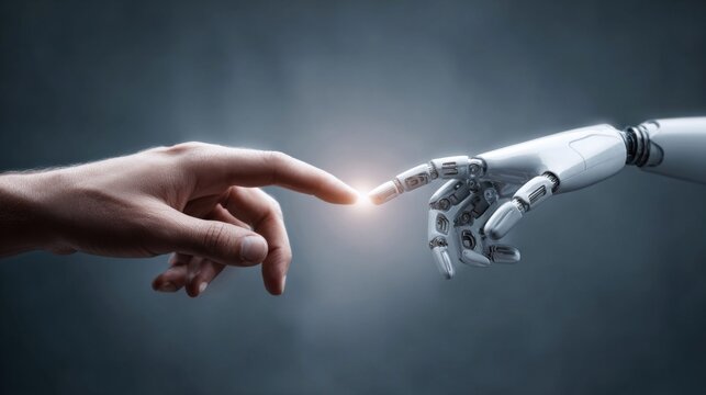 Human and robot hands reaching out to touch, symbolizing artificial intelligence and humanity connection