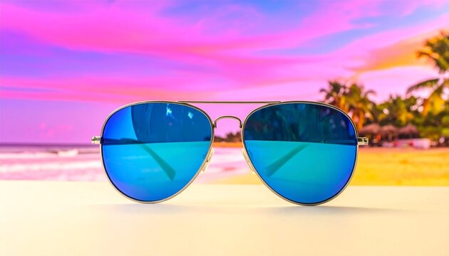 Aviator Sunglasses with Blue Lenses Reflecting Tropical Beach Sunset