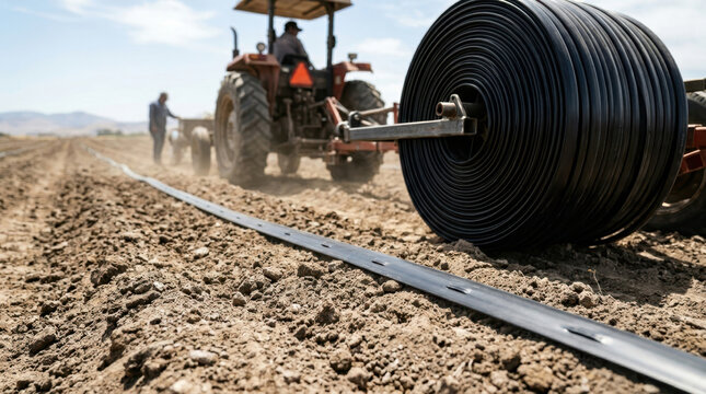 Tractor laying drip irrigation tape in a field for agricultural crop watering