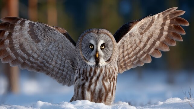 Great gray owl with outstretched wings perched on snow-covered ground in a forested area, showcasing detailed plumage and striking yellow eyes