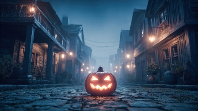 Spooky jack-o'-lantern glows eerily on cobblestone street at twilight