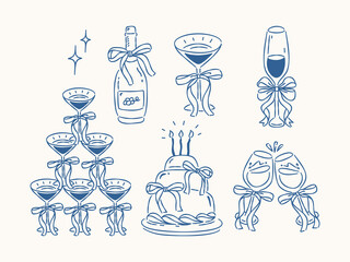 Fototapeta premium Hand drawn celebration set with champagne, cocktails, cake and toasting glasses in elegant line art style.