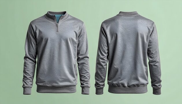 Grey Heathered Long-Sleeved Sweatshirt with Quarter Zip Neckline and Ribbed Cuffs - Front and Back