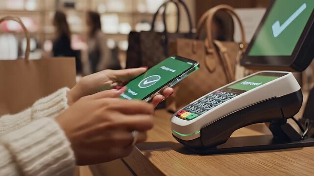 A close-up shot depicts a person using a smartphone to make a contactless payment at a point-of-sale terminal in a retail setting.