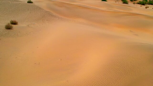 Tracking drone shot of golden sand dunes in Jaisalmer, Rajasthan. Captures the vast desert terrain and natural patterns of the Thar Desert from a smooth aerial perspective.
