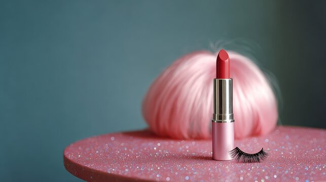 Pink lipstick tube with a shiny silver cap placed on a glittery pink table, accompanied by false eyelashes and a fluffy pink wig in the background