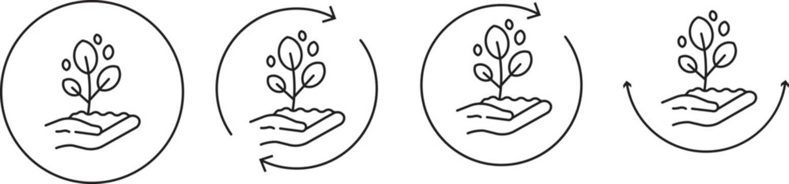Seedling growth icon set, human hands holding small green plants with leaves for environmental care.cology and sustainability icons, creative symbols of hands nurturing young seedlings 
