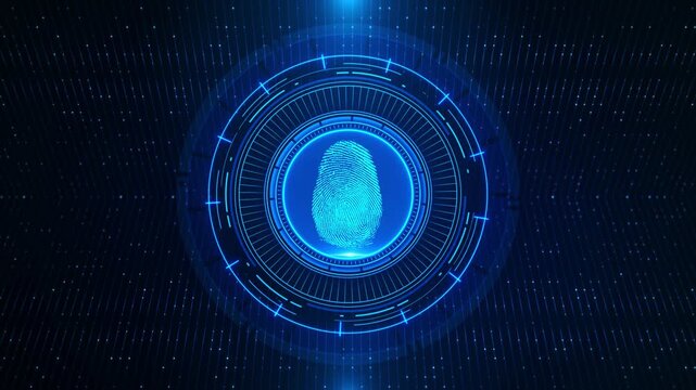 Biometric Fingerprint Scanner Interface on Digital Background futuristic HUD circular interface binary background. Perfect for identity verification, mobile security, and cybersecurity access control.