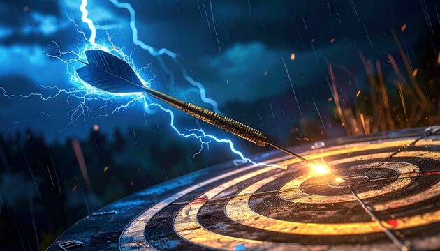 An arrow hitting the bullseye with lightning bolts converging, symbolizing precision, power, and intensity.
