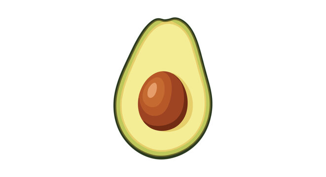 Ripe avocado cut in half shows the creamy green flesh and the large brown pit in a simple and clean vector illustration for food.