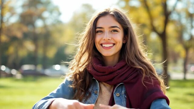A young woman smiles and gives two thumbs up outdoors in autumn.