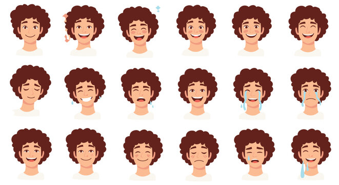 Diverse collection of male avatar faces shows eighteen different emotional expressions such as laughter, sadness, and anger.