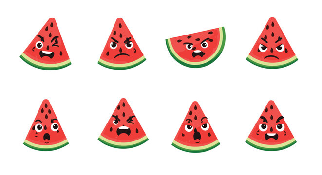 Collection of cute watermelon slices displaying various animated facial expressions ranging from happy and surprised to angry and suspicious icons.