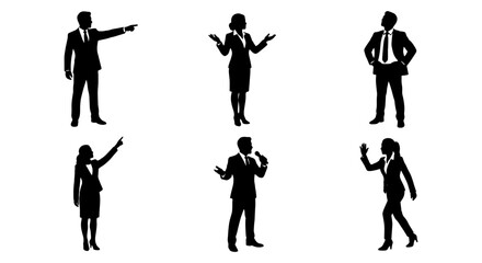 Obraz premium Professional business people silhouettes set, corporate office workers in formal suits, collection of 6 black vector figures for presentation