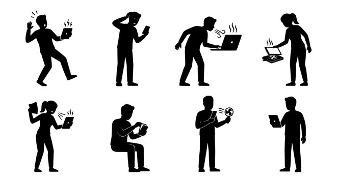 Frustrated people with broken technology silhouettes, set of 8 icons showing computer problems and phone glitches, stressed users with malfunctioning devices