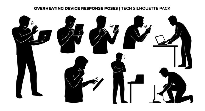 Overheating device response poses, tech silhouette pack of 8 elements, frustrated man using hot laptop and smartphone, broken computer hardware icons