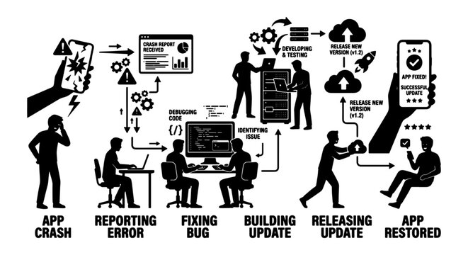 Software development lifecycle infographic, mobile app crash and bug fixing process, programmers building and releasing updates, black vector icons