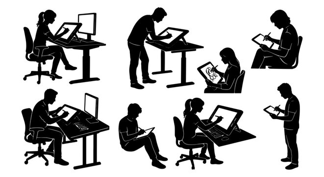 Digital artist silhouette collection, creative designers working on graphic tablets and displays, set of 8 vector illustrations of illustrators