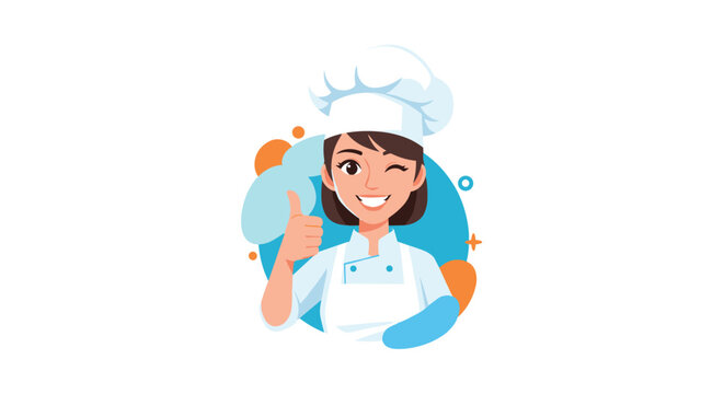 Friendly female chef wearing a white uniform and hat gives a thumbs up and a wink inside a circular blue frame against a clean white background.