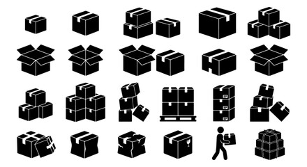 Cardboard box icon set, shipping parcel and delivery package vector collection, black warehouse logistics symbols for distribution and storage © Zubaraj