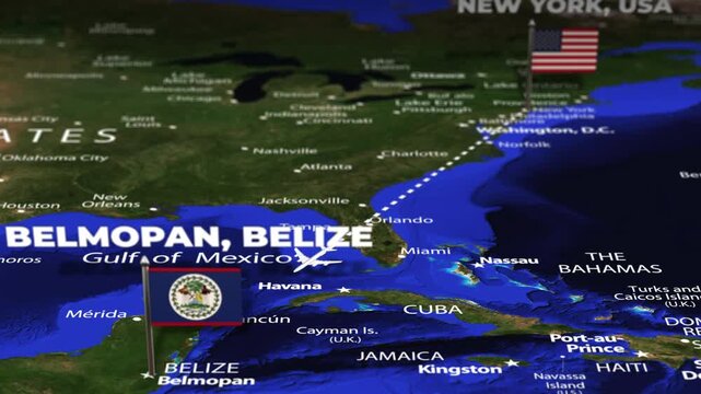 Flight From New York USA to Belmopan BELIZE with flag pins