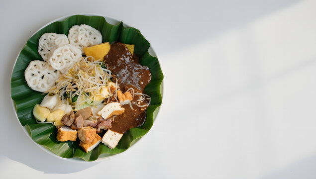 Rujak Cingur Indonesian Traditional Salad &ndash; Clean Flat Lay Banner with Copy Space