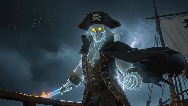 Ghost Pirate Captain with Glowing Eyes and Fiery Sword on a Stormy Ship Deck with Lightning.