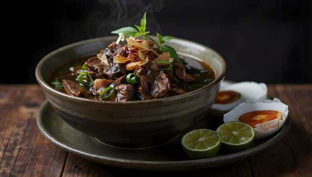 Authentic Rawon Indonesia East Java Black Beef Soup &ndash; Dark Moody Banner Food Photography with Copy Space