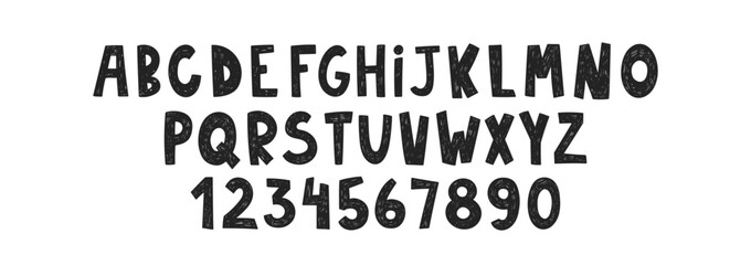 Fototapeta premium Cartoon children font, cartoon kids alphabet with crayon, pastel or chalk texture. Vector black handdrawn numbers and letters.