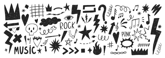 Fototapeta premium Grange punk, rock and music elements with chalk, pastel or crayon texture. Hand drawn sketch tattoo shapes. Black vector illustration.