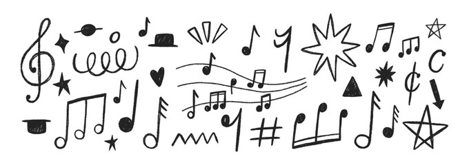 Set of hand drawn music notes and hearts with crayon, pastel or chalk texture. Cute doodle elements for kids or decorations. Black vector illustration on a white background. © Arina