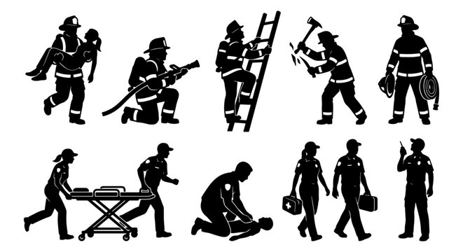 Firefighter and paramedic silhouettes set, emergency first responders collection, 10 black vector icons of firemen and medical rescue teams