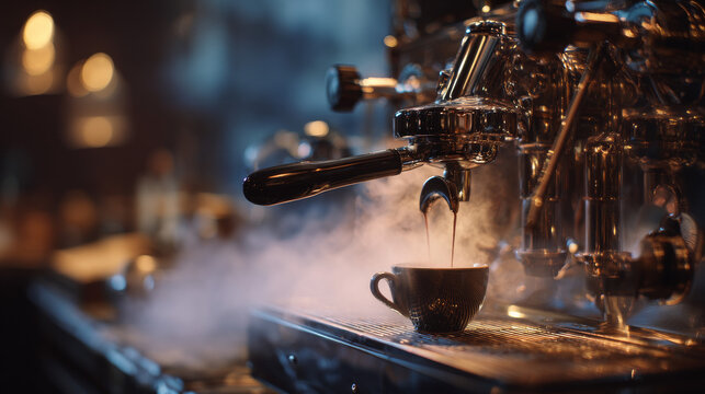 extreme close-up of a professional espresso machine brewing coffee on a polished black marble counter, rich espresso pouring into a cup while hot steam rises into the air.