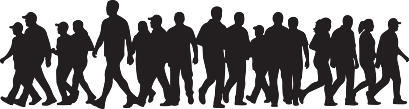 Crowd silhouette of people walking, black human figures in motion, diverse group of pedestrians on white background, urban street life vector