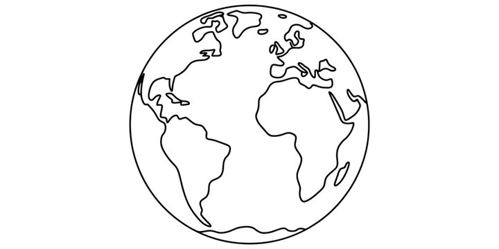 A simple black and white line art illustration of the planet earth showing world continents map