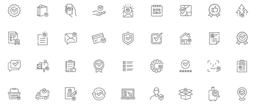Check mark line icons, approved survey, confirmed task, quality control, checklist and success verification.