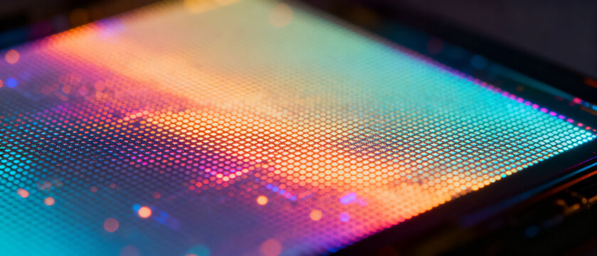 A detailed macro view of an illuminated OLED display reveals softly glowing pixels blending into a smooth gradient of vibrant colors, creating an abstract, high tech digital texture with a modern futu